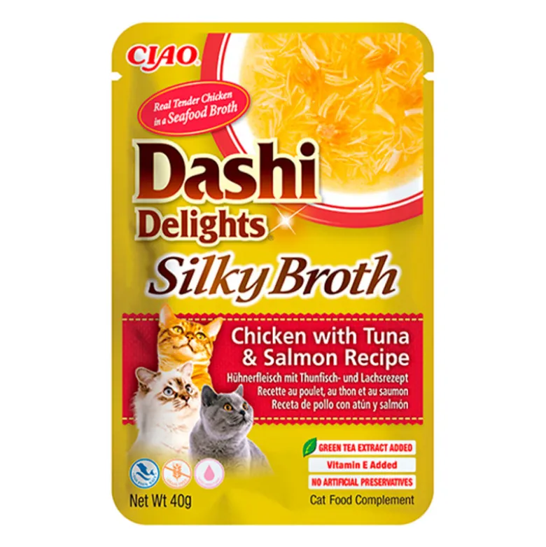 Dashi Delights Silky Broth Pollo con Atún y Salmón para Gatos 40g