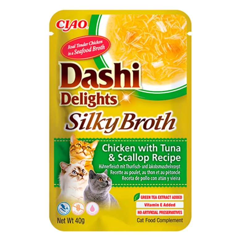 Dashi Delights Silky Broth Pollo con Atún y Vieira para Gatos 40g