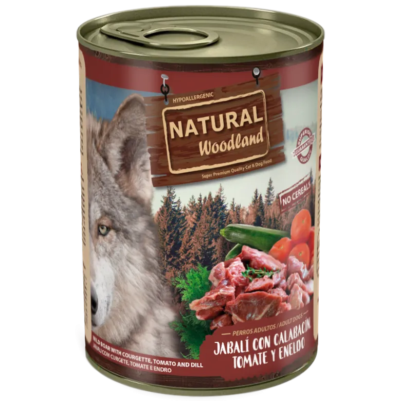 Lata Natural Woodland Jabalí con Calabacín, Tomate y Eneldo 400g
