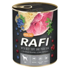 Lata Rafi Húmedo de Jamón, Tripas de Ternera y Arándanos para Perros