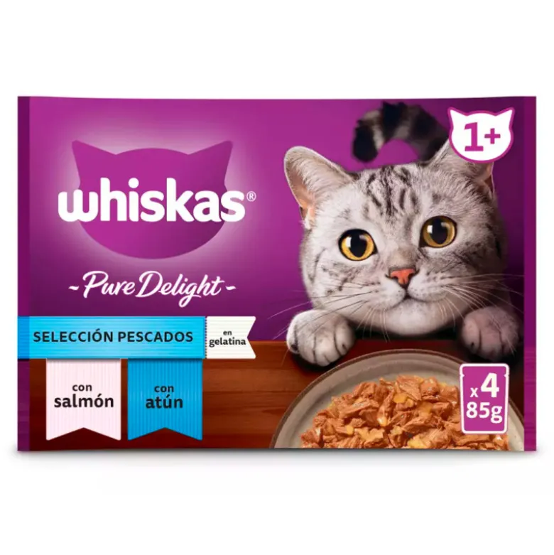 Whiskas Pure Delight Laminas de Pescado Salmón y Atún 4x85g